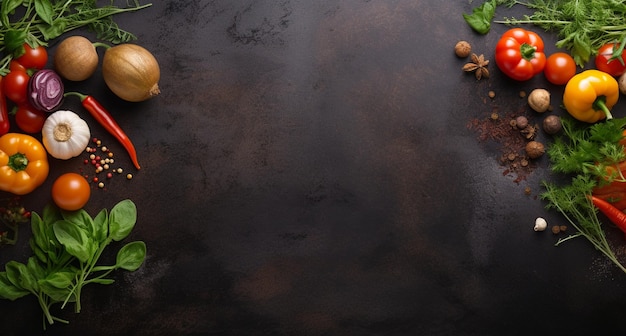 Vegetables set and spices for cooking on dark background