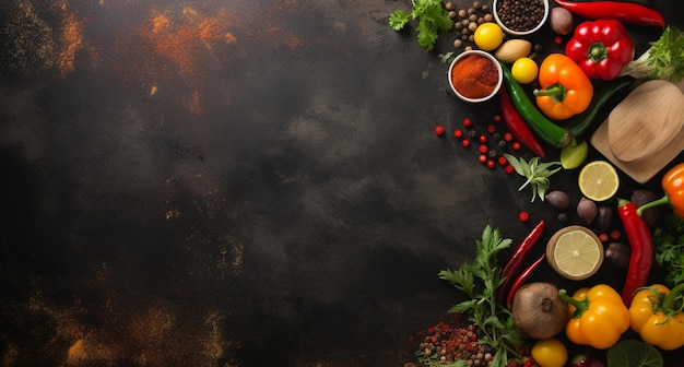 Vegetables set and spices for cooking on dark background