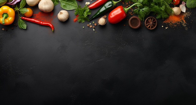 Vegetables set and spices for cooking on dark background