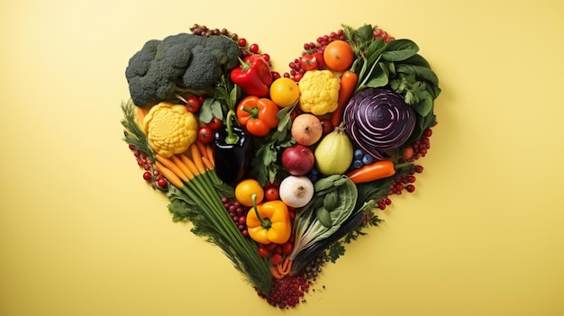 Photo vegetables in the shape of a heart on yellow background healthy and eco food for diet