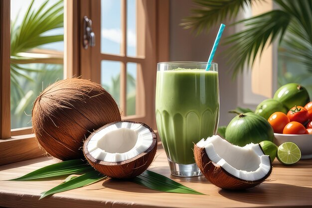 Vegetables smoothie and coconut on a wooden table