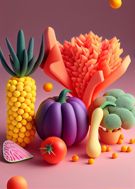 Vegetables soft pop style isolated on pink background AI Generated