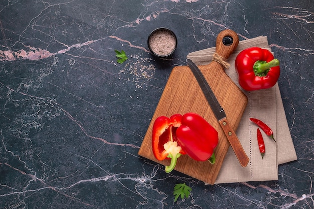 Vegetables and spices, healthy food preparation concept, top view.