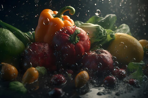Фото Овощи плещутся в воде на черном фоне сгенерирована нейронная сеть ai