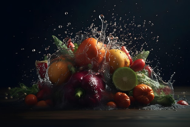 Vegetables splash in water on black background Neural network AI generated