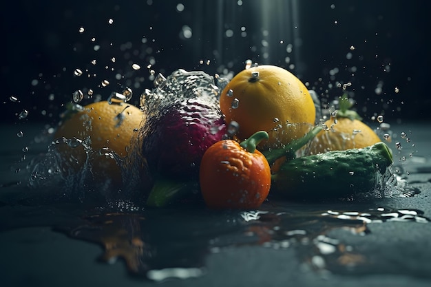 Vegetables splash in water on black background Neural network AI generated