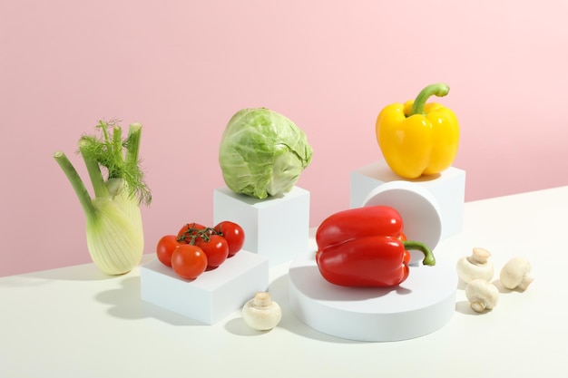 Vegetables on stands on two tone background