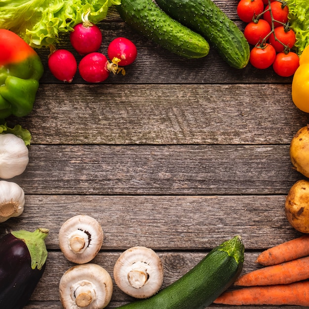 Vegetables  surface    Vegetables on wooden surface. Top view