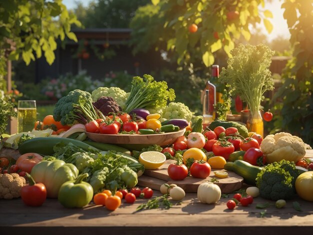 Photo vegetables on a table in a garden under the sunlight