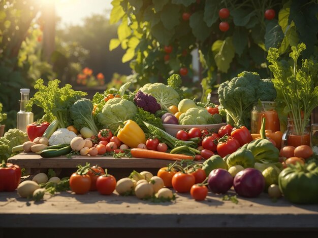 Vegetables on a table in a garden under the sunlight