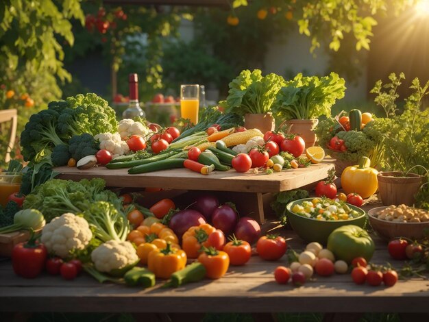 Photo vegetables on a table in a garden under the sunlight