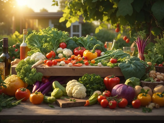 Photo vegetables on a table in a garden under the sunlight