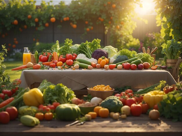 Vegetables on a table in a garden under the sunlight