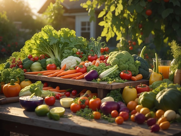 Vegetables on a table in a garden under the sunlight