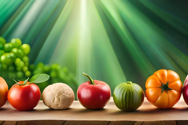 Vegetables on a table with a light rays in the background