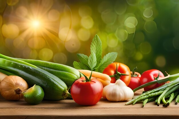 Vegetables on a table with the sun behind them