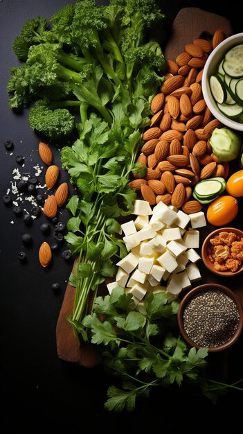 야채, 토푸, 견과류, 씨 및 콩류, 어두운 배경에 대한 상단 뷰, 채식주의자를 위한 단백질 아이디어, 깨하고 건강한 음식, 공간의 복사본을 만들기