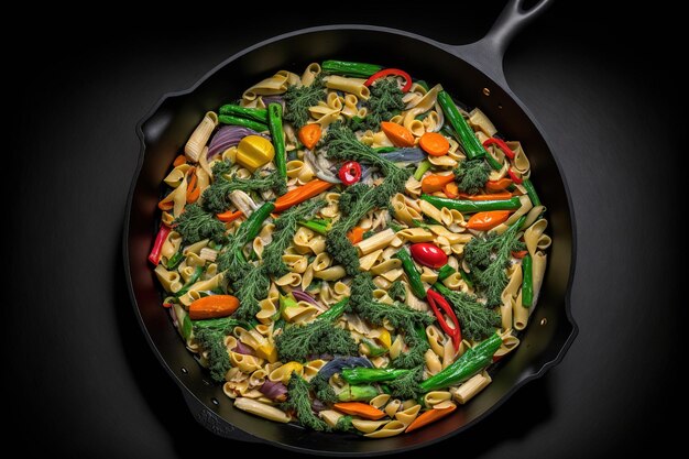 Vegetables and whole wheat pasta on a cast iron pan
