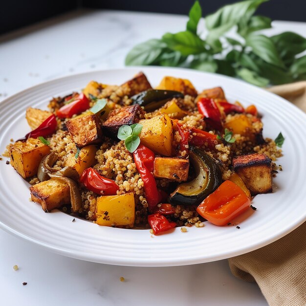 Vegetables with quinoa and tofu on a plate