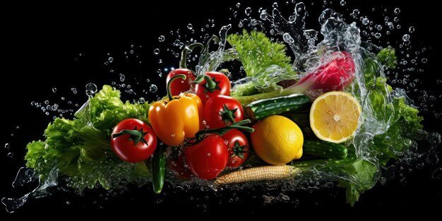 Photo vegetables with water splash on dark background diet food for nutrition and digestion generative ai