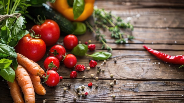 Vegetables on wood Bio Healthy food herbs and spices Organic vegetables on wood