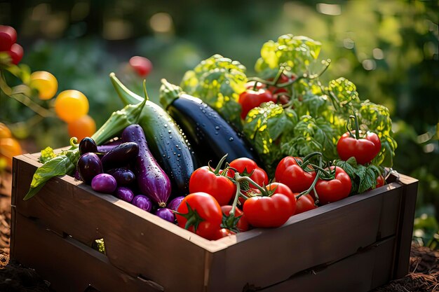 Photo vegetables in wooden boxes on the farm ai technology generated image