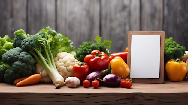 Vegetables in wooden surface with a blank white placard for grocery advertisement