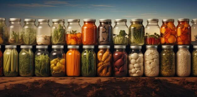 Vegetables on the wooden table in jars