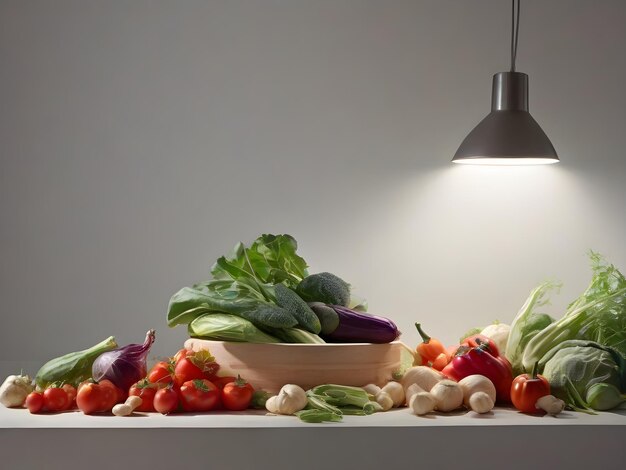 Photo vegetables on wooden table in kitchen space organic vegetables