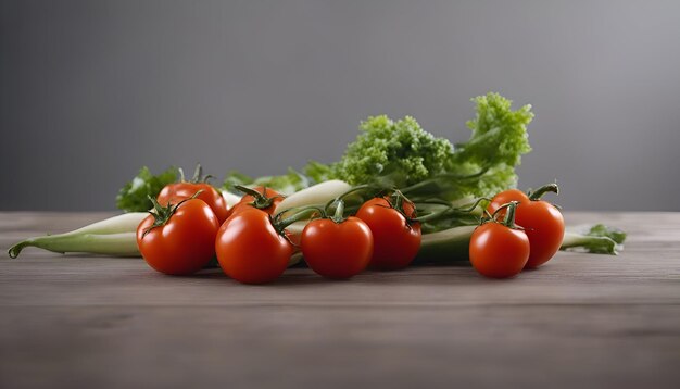 Photo vegetables on a wooden table with grey background studio shot