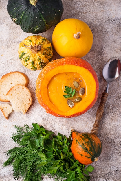 Vegetarian autumn  pumpkin cream soup 