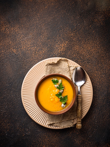 Vegetarian autumn  pumpkin cream soup 