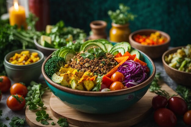 Вегетарианская миска Будды, сырые овощи и печеный картофель в миске, веганская еда, здоровая и детокс-пища