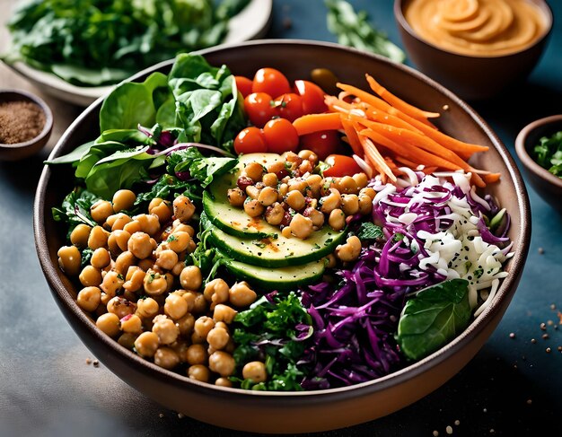 Vegetarian buddha bowl with fresh vegetable salad and chickpea