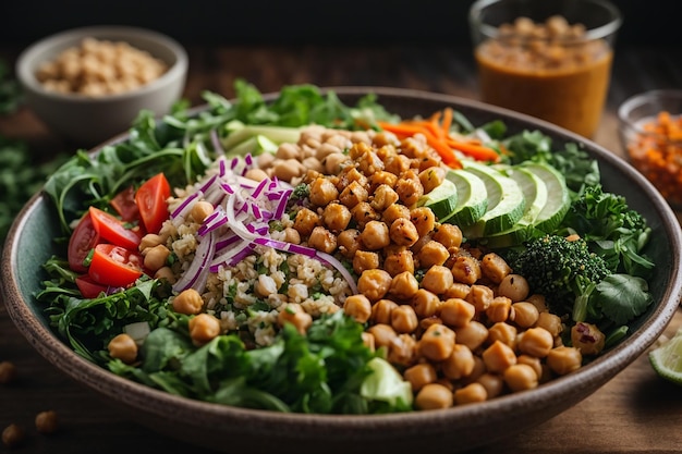 vegetarian buddha bowl with fresh vegetable salad and chickpea