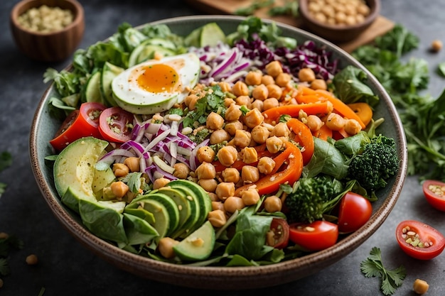 vegetarian buddha bowl with fresh vegetable salad and chickpea