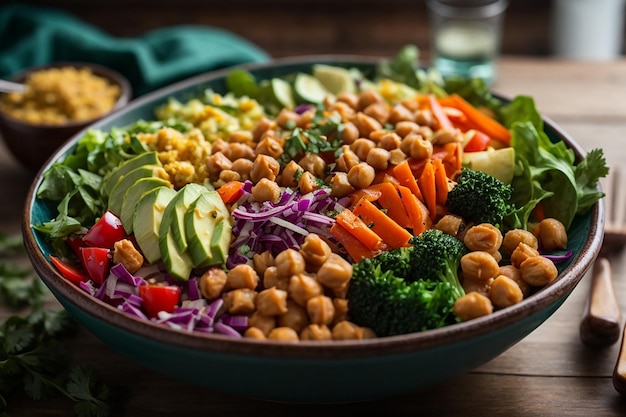 vegetarian buddha bowl with fresh vegetable salad and chickpea