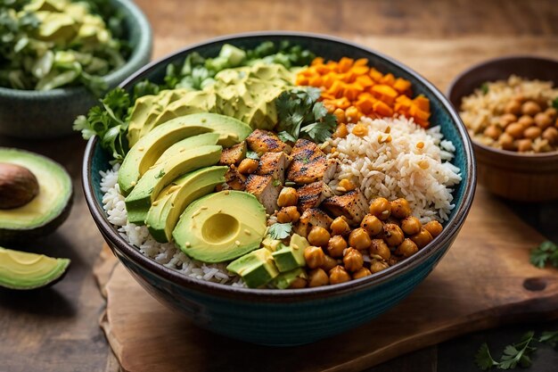 vegetarian buddha bowl with fresh vegetable salad and chickpea