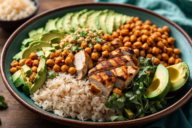 vegetarian buddha bowl with fresh vegetable salad and chickpea