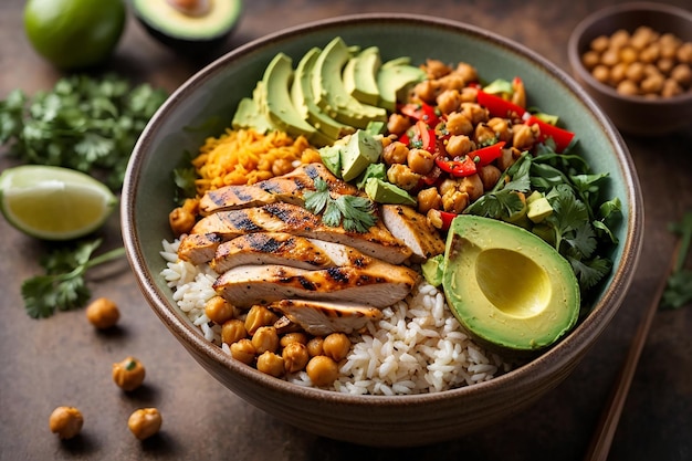 Photo vegetarian buddha bowl with fresh vegetable salad and chickpea