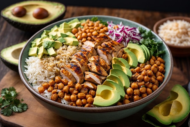 vegetarian buddha bowl with fresh vegetable salad and chickpea