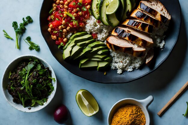 vegetarian buddha bowl with fresh vegetable salad and chickpea