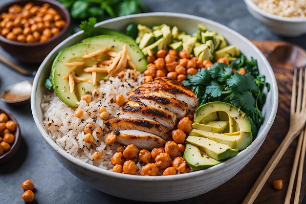 vegetarian buddha bowl with fresh vegetable salad and chickpea