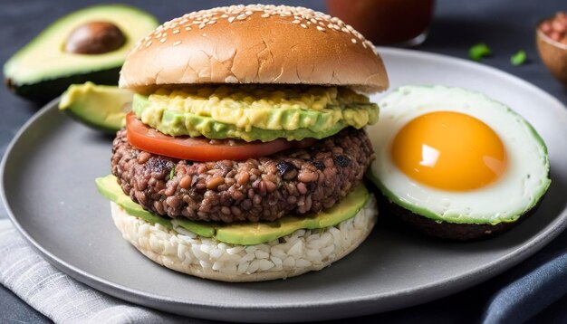 Vegetarian burger made with rice and beans with egg and avocado