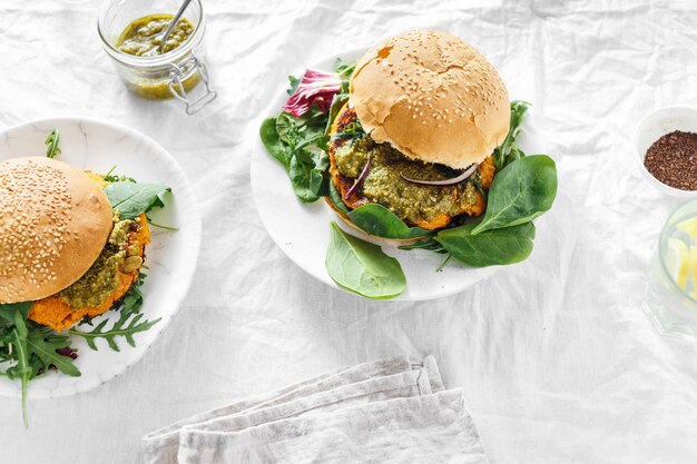 Vegetarian burger pumpkin cutlet spinach arugula pesto Healthy food