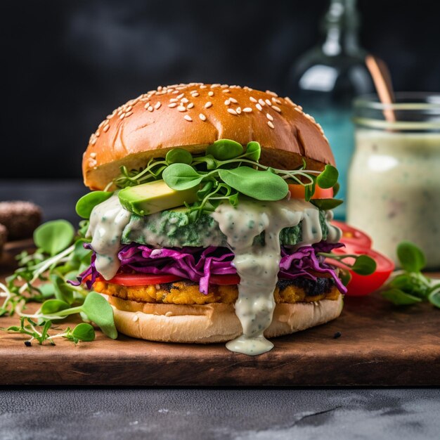 Vegetarian burger with avocado lettuce onion tomato and a savory sauce