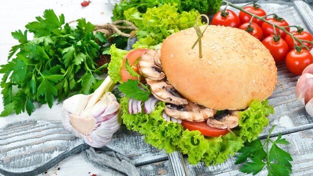 Vegetarian burger with mushrooms and vegetables Breakfast Top view Free space for your text