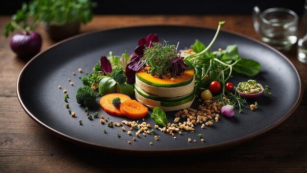 a vegetarian chef by photographing a thoughtfully composed plate of plant based delights on a dark w