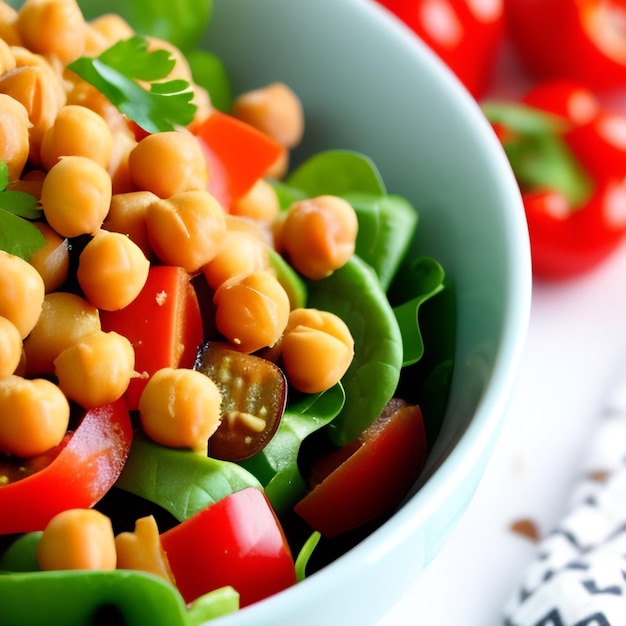 Vegetarian chickpea salad. It prepared with tomatoes, cucumber, red onion, cress salad and arugula.