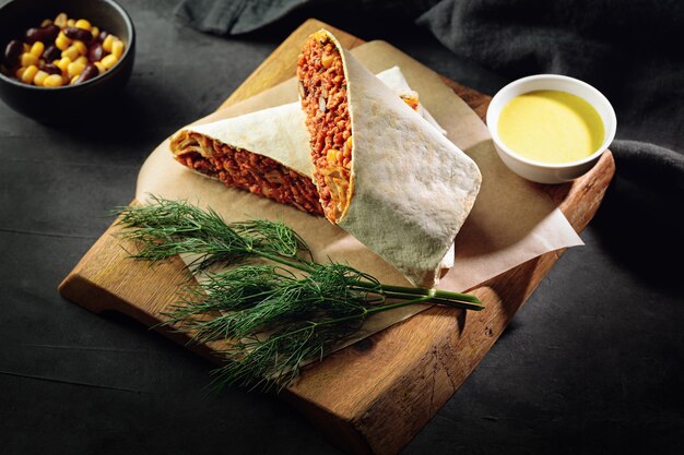 Photo vegetarian chili con carne burrito served with sauce